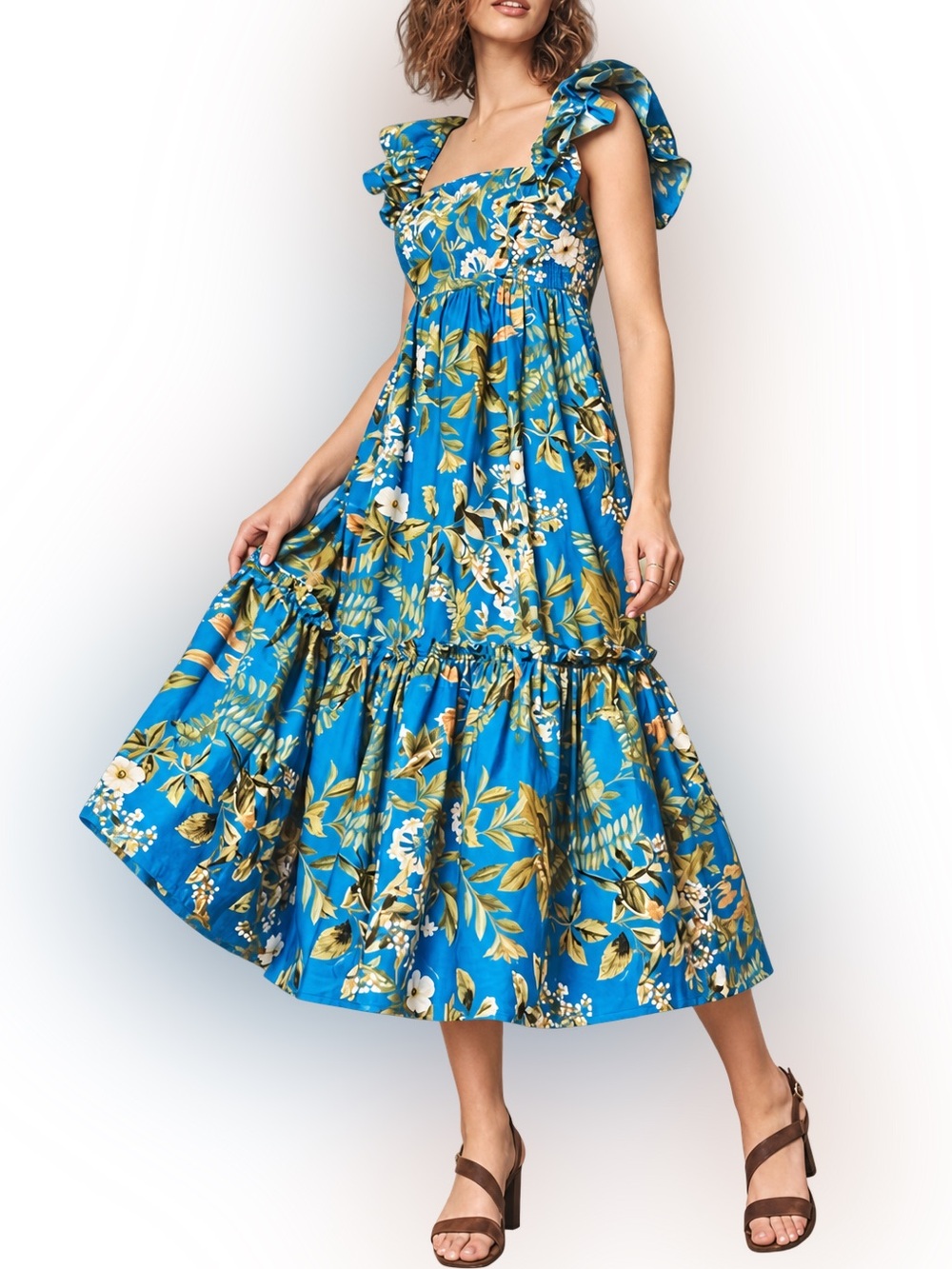 Cara Cara Darby Floral Flutter Sleeve Smocked Midi Dress Small